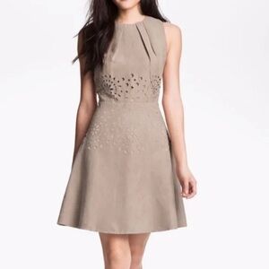 Calvin Klein Tan/Taupe Faux Suede Laser Cut Pleated Neck ALine Dress Size 8